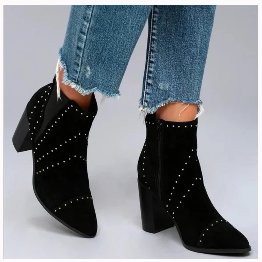 Kensie Suede Leather Silver Studded Almond Toe Black Slip-on Ankle Boots 9.5